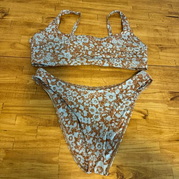 Everlane Honey Floral High Cut Square Neck Bikini Swimsuit Set Size Large - Picture 2 of 4